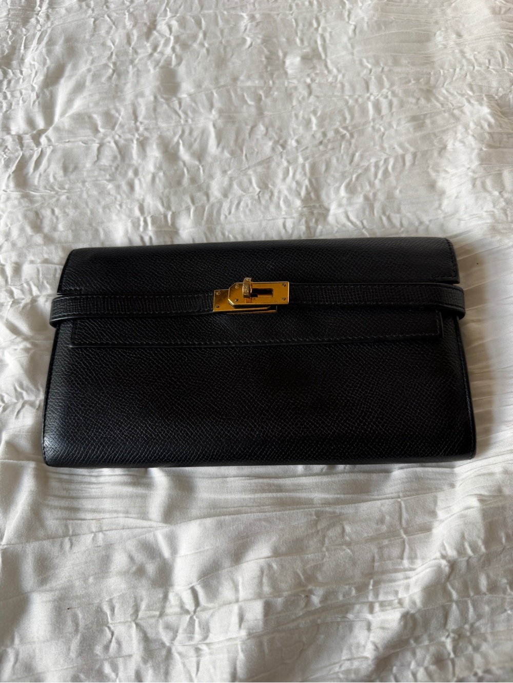 Hermes Black Leather Kelly Cut Clutch with Gold Hardware